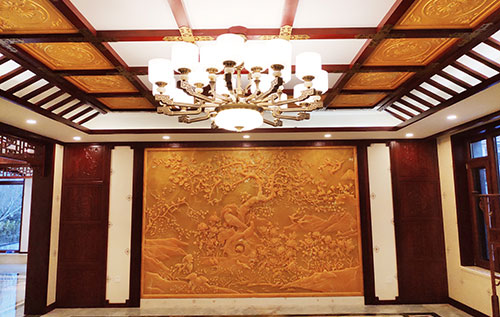 辽源中式别墅客厅中式木作横梁吊顶装饰展示
